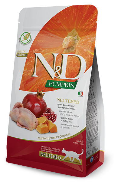 Farmina N&D Pumpkin Quail, Pumpkin & Pomegranate Recipe Neutered Adult Dry Cat Food